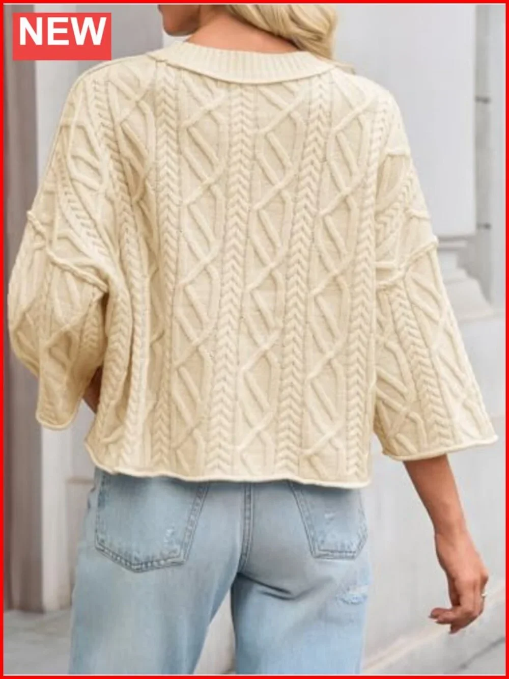 Womens Cable Knit Cropped Sweater Oversize 3/4 Sleeve Pullover